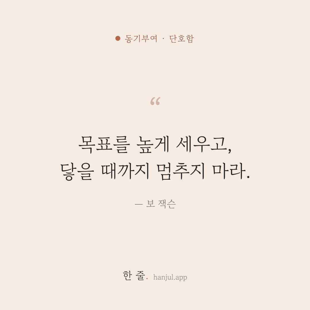 목표를 높게 세우고, 닿을 때까지 멈추지 마라. — 보 잭슨의 동기부여 명언 카드