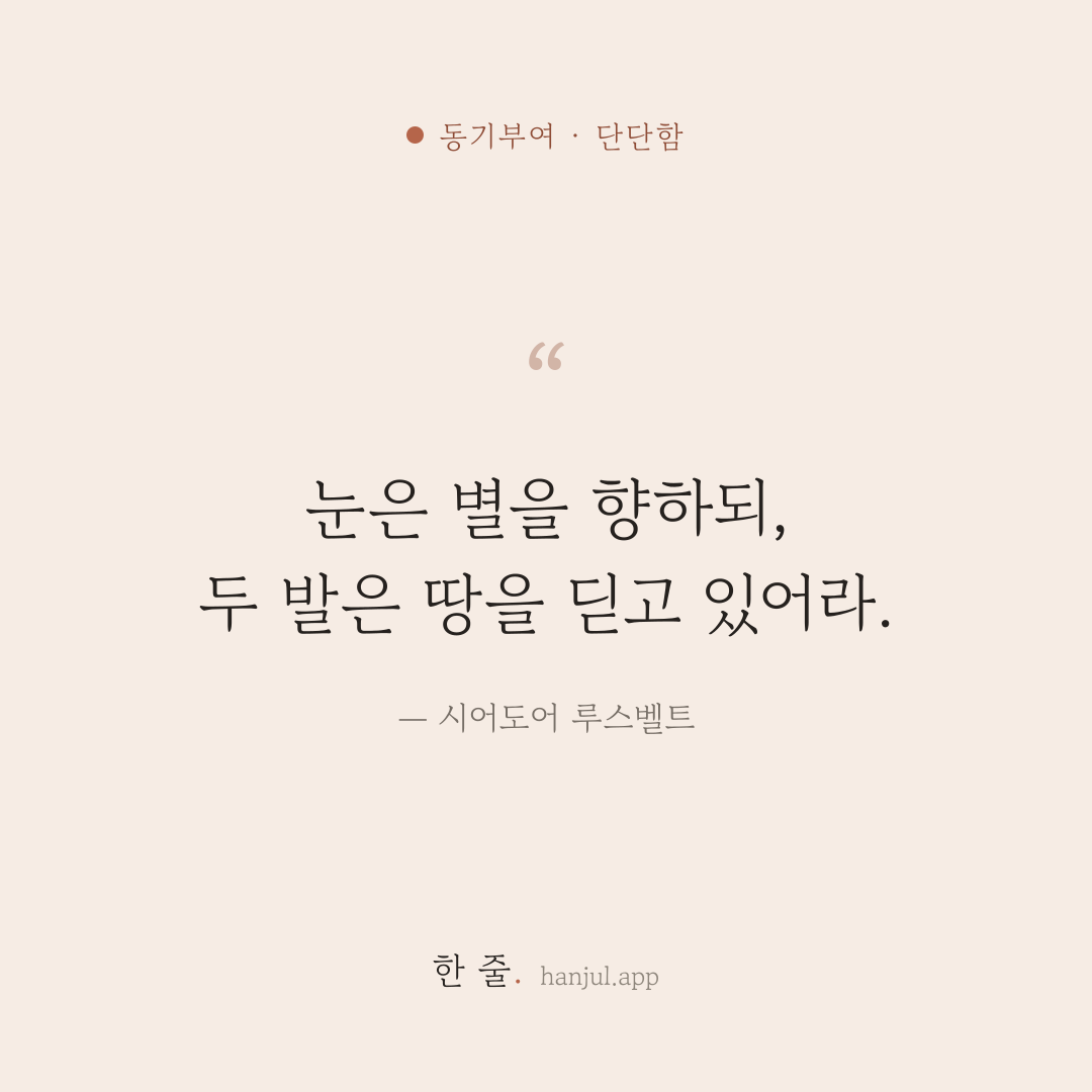 눈은 별을 향하되, 두 발은 땅을 딛고 있어라. — 시어도어 루스벨트의 동기부여 명언 카드