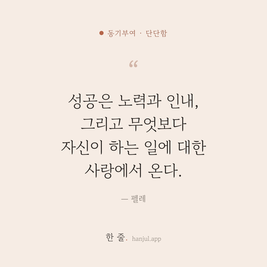 성공은 노력과 인내, 그리고 무엇보다 자신이 하는 일에 대한 사랑에서 온다. — 펠레의 동기부여 명언 카드
